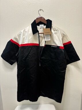 Burberry Short-Sleeve Colorblock Shirt Jacket in Black, White & Red